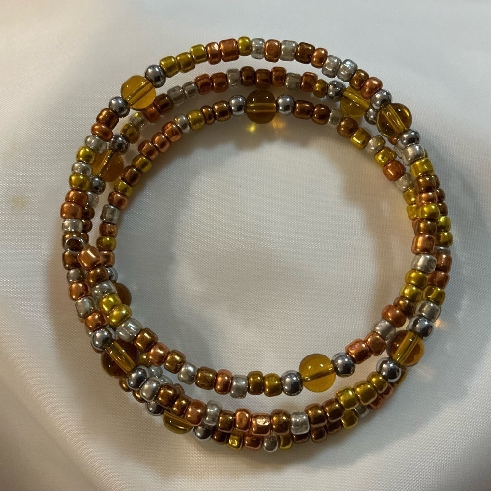 Hand Crafted Wrap Bracelet Amber Copper Gold Bronze Silver Seed Beads Coil - Picture 4 of 7